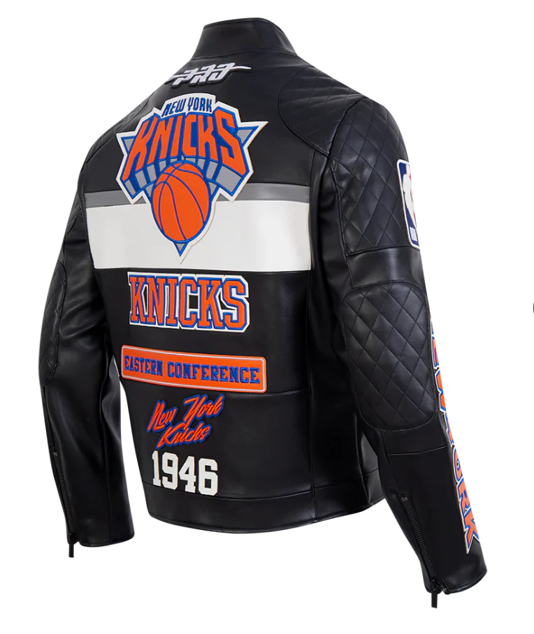 New York Knicks Black Biker Moto Leather Jacket - Image 3