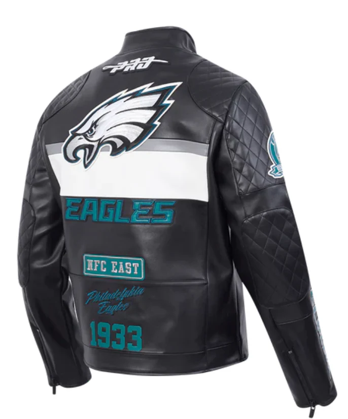 Philadelphia Eagles Black Biker Moto Leather Jacket - Image 4
